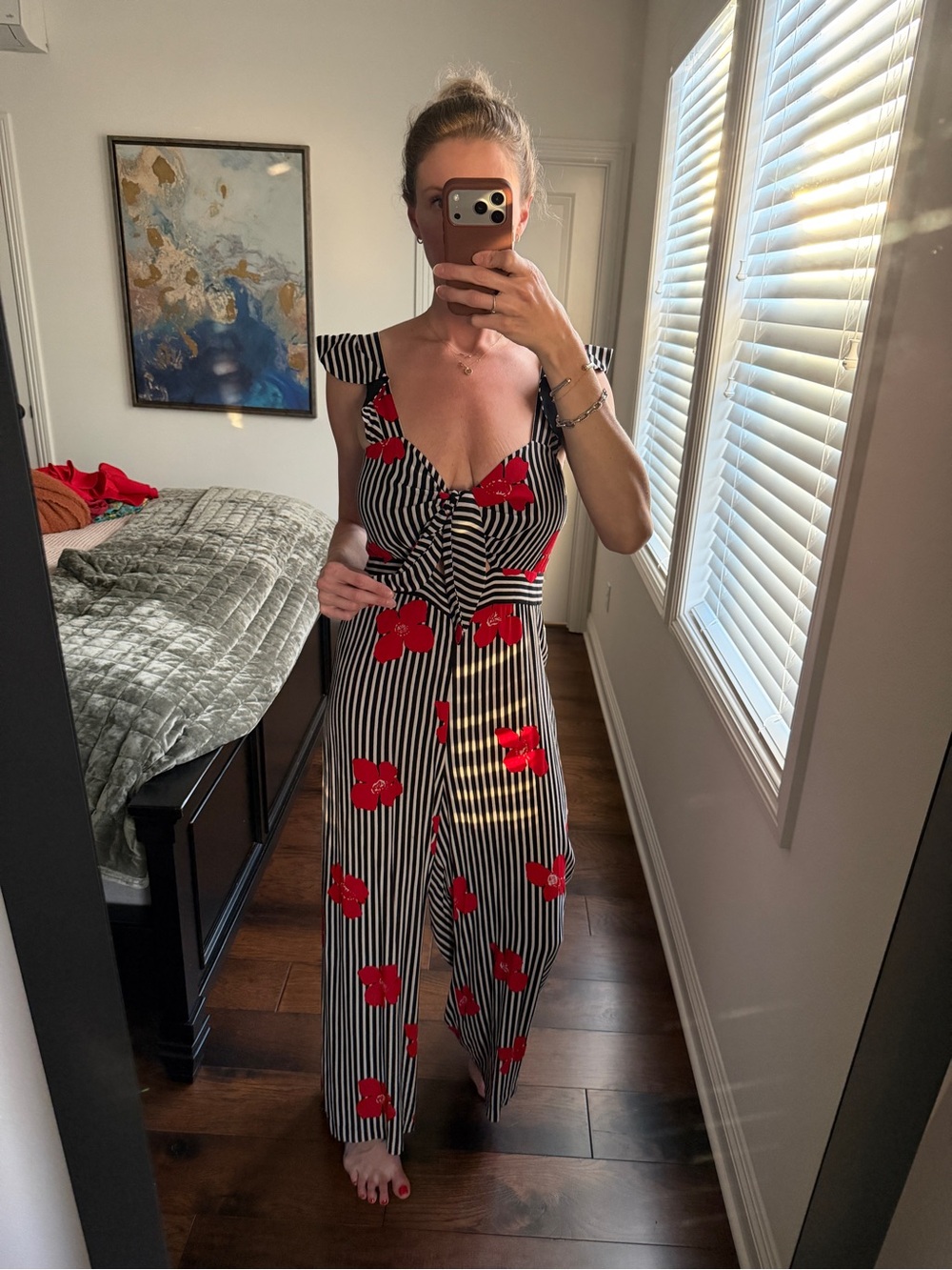 Madewell Black & White Striped Jumpsuit with Red Floral Stripe